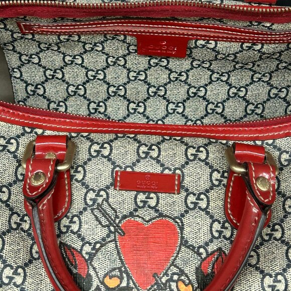 Gucci Boston Joy Tattoo Print Red w/ Blue GG Plus Handbag Bag Purse 189895 - Picture 11 of 16